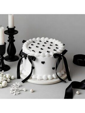 6 Inch Black Bow Fake Round Black and White Cake
